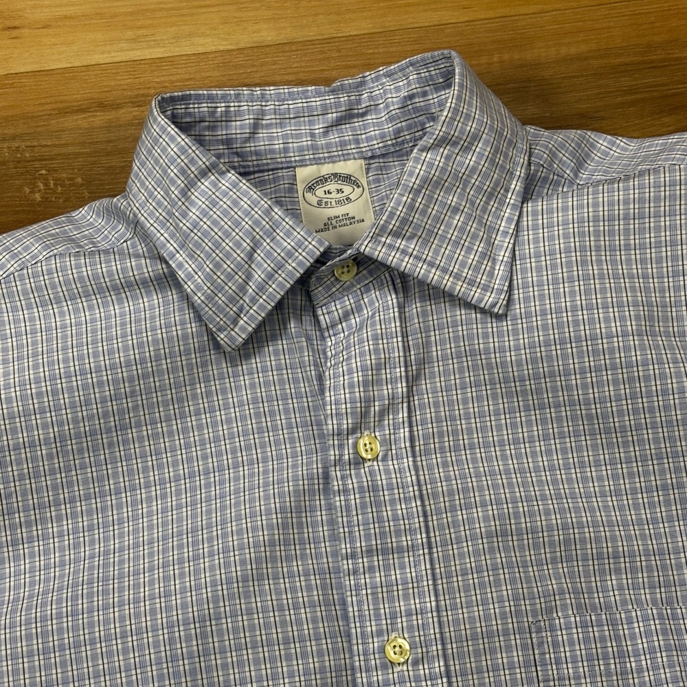 Brooks Brothers Button Up Shirt 16-35 Slim Fit Check Cotton Blue White Mens